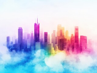 Poster - A futuristic city shrouded in watercolor smog, advanced buildings contrasted with lingering pollution, blending progress and challenges