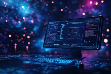 Poster - A futuristic remote workstation on a spaceship, glowing galactic background, ultrahightech interface, cyberpunk style, detailed rendering