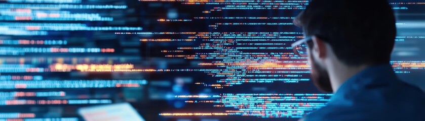 Poster - A gifted programmer working among lines of glowing code, the illuminated screen displaying a virtual world of beauty and depth