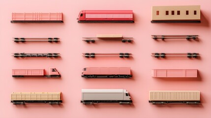 Poster - Train models arrangement studio digital art minimalistic setting top view transport concept