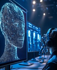 Poster - Cybernetic Head Scan:  A Person Monitors a Digital 3D Face Model.
