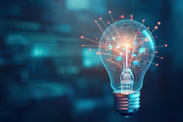 Poster - A light bulb with a miniature office inside, surrounded by glowing lines connecting it to people working across a digital world