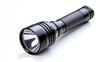 © ADD PHOTO - Bright handheld flashlight or torch with powerful beam of light illuminating the darkness