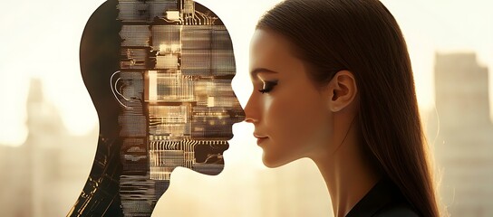 Poster - Woman's face juxtaposed with a circuit board head, symbolizing AI and humanity.