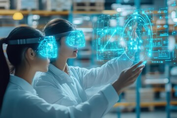 Leinwandbilder - A team using holographic projectors to monitor supply chain analytics in a warehouse, digital pathways glowing in vibrant blue, 3D realism