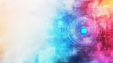 Leinwandbilder - A vibrant technologythemed watercolor with AI chatbots visible through circular touchsensitive portals,