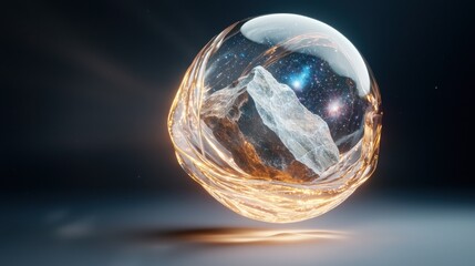 Poster - Floating cosmic stone encased in energetic fluid sci-fi environment digital art stunning visuals