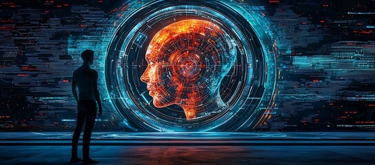 Poster - Silhouetted figure observing a holographic digital head within a futuristic data stream.