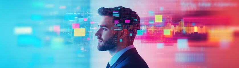 Poster - Businessman surrounded by floating graphs and financial charts illustrating great investment opportunities, front view, visualizing financial growth, digital tone, vivid colors