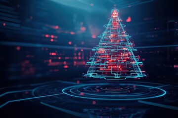 Poster - Christmas tree created from glowing lines, luminous digital circuits, and abstract tech ornaments, set in a futuristic holographic setting