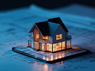 Aufkleber - Detailed miniature house illuminated by tablet lighting, digital floor plan in background, futuristic architecture concept, clean aesthetics