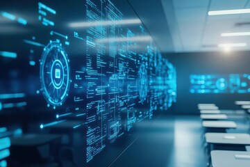 Poster - Futuristic classroom with holographic screens teaching cybersecurity, digital literacy, advanced education concepts