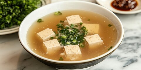 Canvas Print - Delicious clear soup featuring tofu and minced pork served on a marble table, showcasing the flavorful combination of clear soup, tofu, and minced pork in an appealing presentation.