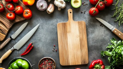 Aufkleber - A pristine cooking prep area with knives and cutting boards neatly placed, A modern kitchen with clean countertops and fresh ingredients, Minimalist culinary style