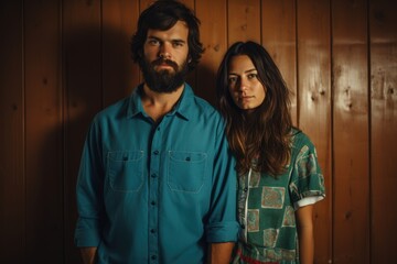 Wall Mural - A man and woman are standing in front of a wooden wall