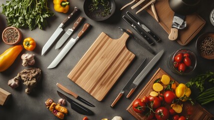 Aufkleber - A pristine cooking prep area with knives and cutting boards neatly placed, A modern kitchen with clean countertops and fresh ingredients, Minimalist culinary style