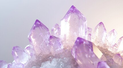 Poster - Glowing amethyst crystal clusters closeup bright environment natural light gemstone beauty
