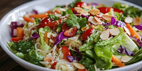 Canvas Print - Delicious salad featuring yoghurt noodles accompanied by a flavorful almond dressing, creating a fresh and healthy dish that highlights the vibrant ingredients in the salad.