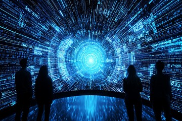 Poster - Silhouetted figures observing a vibrant, data-driven digital tunnel projection.