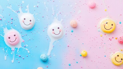 Aufkleber - Vibrant abstract scene with milk splashes forming multiple smiling faces, colorful watercolor overlays in pinks and blues