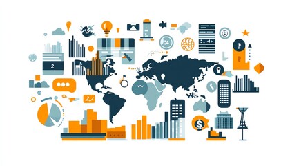 Leinwandbilder - Vector illustration of forex trading market with fluctuating graphs, economic trends, and world economy icons, showcasing global investment opportunities and financial analysis