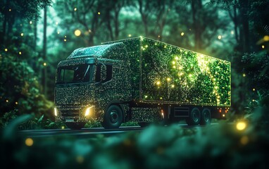 Electric truck icon for green logistics, sustainable transport and clean energy process on forest background, carbonneutral travel, net zero emissions