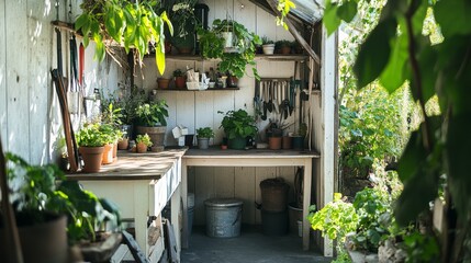Poster - A pristine garden shed with neatly arranged tools and pots, A bright, sunlit space with clean work surfaces and vibrant plants