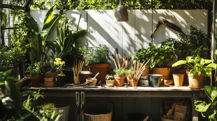 Poster - A pristine gardening station with pots and gardening tools neatly arranged, A sunlit outdoor space with lush greenery, Minimalist botanical style