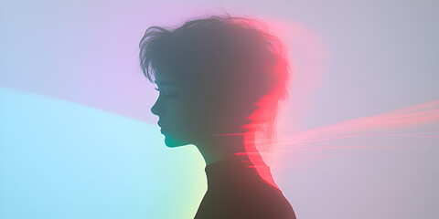 Wall Mural - Abstract Female Silhouette with Vibrant Light Trails, a Pastel Background Evokes Serenity and Inner Peace.