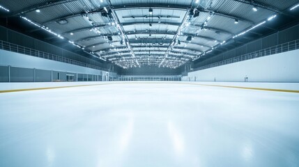 Poster - A pristine ice skating rink with neatly arranged skates and safety gear, An open, well-lit arena with smooth ice surface