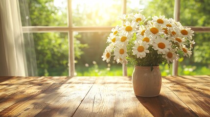 Poster - A Zen-inspired kitchen with uncluttered counters natural materials and a single vase of flowers Stock Photo with side copy space