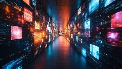 Poster - Multimedia streaming wall with vibrant colorful channel images, abstract entertainment background, dynamic visuals, futuristic design, and entertainment concept