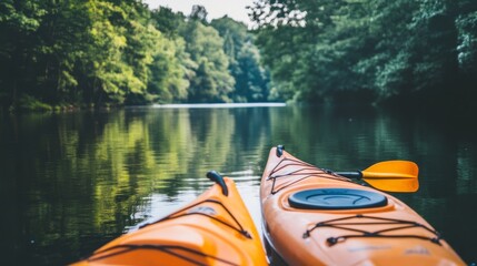 Poster - A pristine kayak setup by a calm river, Kayaks and paddles neatly arranged, Adventurous outdoor style