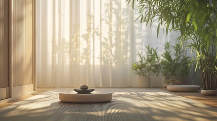 Poster - A mindful yoga practice in a light-filled room with bamboo flooring and calming decor Stock Photo with side copy space