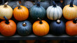 © HQAsset - Autumn Harvest, A Colorful Display of Pumpkins Arranged on a Rustic Wooden Shelf