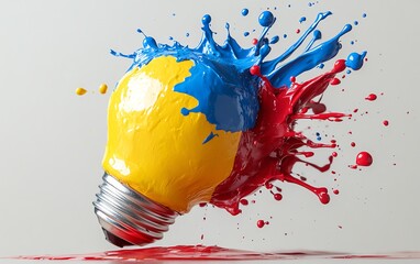Poster - A creative light bulb glowing in vibrant colors, with paint splashes in red, blue, and yellow radiating outward, symbolizing imagination, isolated on white