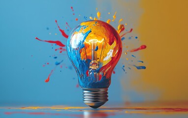 Poster - A creative light bulb glowing in vibrant colors, with paint splashes in red, blue, and yellow radiating outward, symbolizing imagination, isolated on white