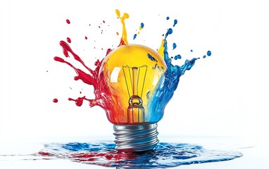 Aufkleber - A creative light bulb glowing in vibrant colors, with paint splashes in red, blue, and yellow radiating outward, symbolizing imagination, isolated on white