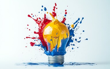 Aufkleber - A creative light bulb glowing in vibrant colors, with paint splashes in red, blue, and yellow radiating outward, symbolizing imagination, isolated on white