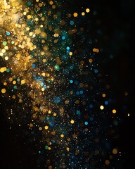 Poster - A dynamic bokeh glitter textured background filled with radiant gold, blue, and green lights, creating a mesmerizing, sparkling effect, isolated on black
