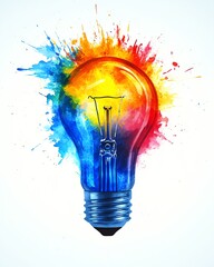 Poster - A glowing light bulb with bright and bold color splashes in shades of blue, red, and yellow, symbolizing a burst of creativity, isolated on white
