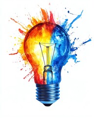 Poster - A glowing light bulb with bright and bold color splashes in shades of blue, red, and yellow, symbolizing a burst of creativity, isolated on white