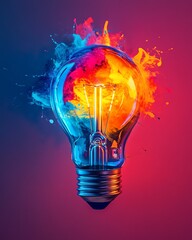 Poster - A glowing light bulb with bright and bold color splashes in shades of blue, red, and yellow, symbolizing a burst of creativity, isolated on white