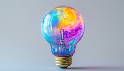 Fototapete - A glowing light bulb with vibrant color splashes of purple, turquoise, and yellow, symbolizing the spark of creativity, isolated on white