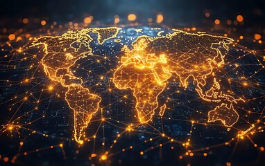 Poster - World map with bright digital lines and glowing connections, showcasing the interconnectedness of technology and global communication, hyperrealistic
