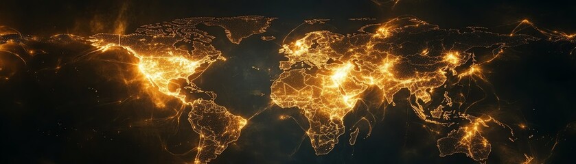 Poster - Digital map of the world with glowing network connections, representing technological progress and worldwide communication, 4K clarity