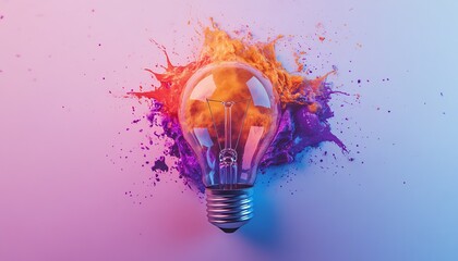 Fototapete - A vibrant light bulb with colorful, abstract paint splashes in purple, orange, and teal, symbolizing innovative ideas, isolated on a white background