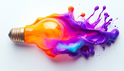 Fototapete - A vibrant light bulb with colorful, abstract paint splashes in purple, orange, and teal, symbolizing innovative ideas, isolated on a white background