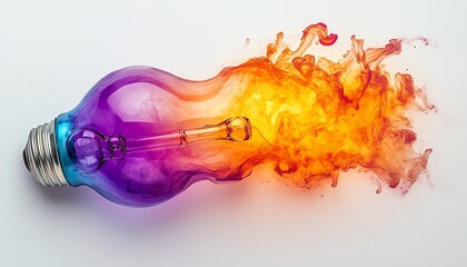 Fototapete - A vibrant light bulb with colorful, abstract paint splashes in purple, orange, and teal, symbolizing innovative ideas, isolated on a white background