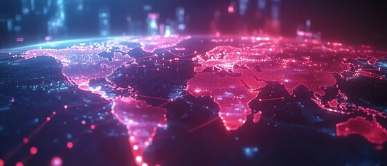 Poster - Futuristic digital world map with luminous network connections, symbolizing global communication and the advancement of technology, 8K